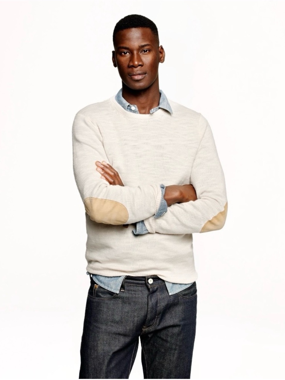 NWT- J. Crew Cream Crewneck Sweater with Tan Elbow Patches